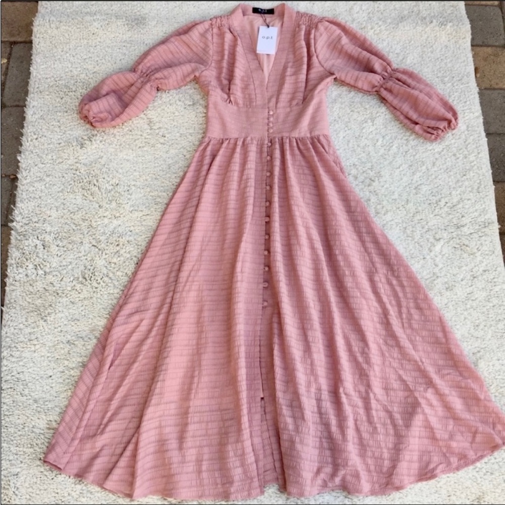 O.p.t. Dusty rose pink Boho maxi dress puff sleeves corset V-neck button-down XS - Picture 4 of 8